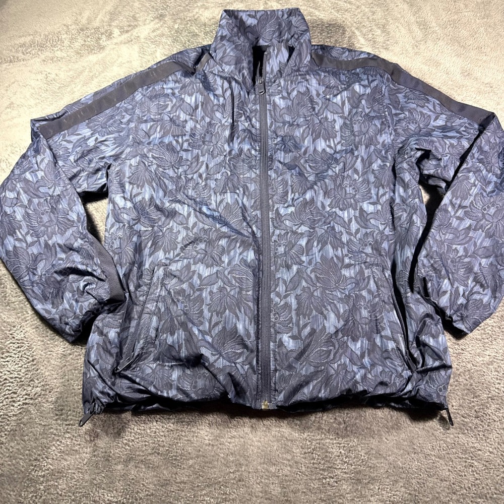 Athleta Sightseer Lace Jacket Womens Med Navy Blue Floral Full‎ Zip Windbreaker